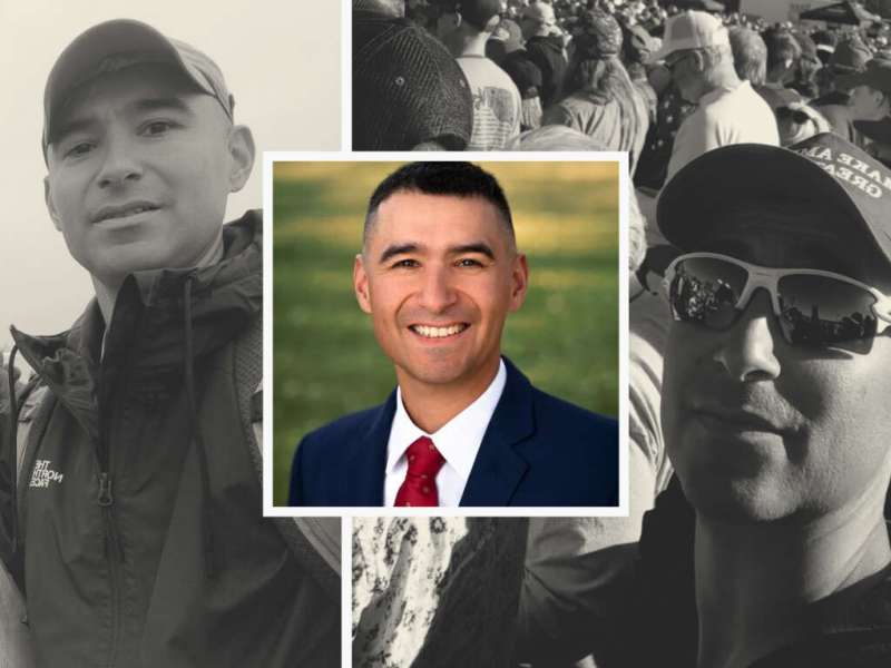 A collage of three different photographs of Solomon Pena. On the right he is seen wearing a cap and a North Face windbreaker. In the middle he is in a suit and tie and smiling at the camera. On the right he is taking a selfie while wearing a baseball hat and sunglasses, and standing in a crowd of people who are looking in another direction.