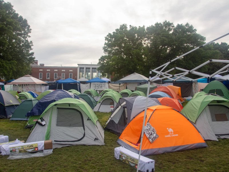 Tents at the encampment at Johns Hopkins University on Wednesday, May 8, 2024. Credit: Myles Michelin