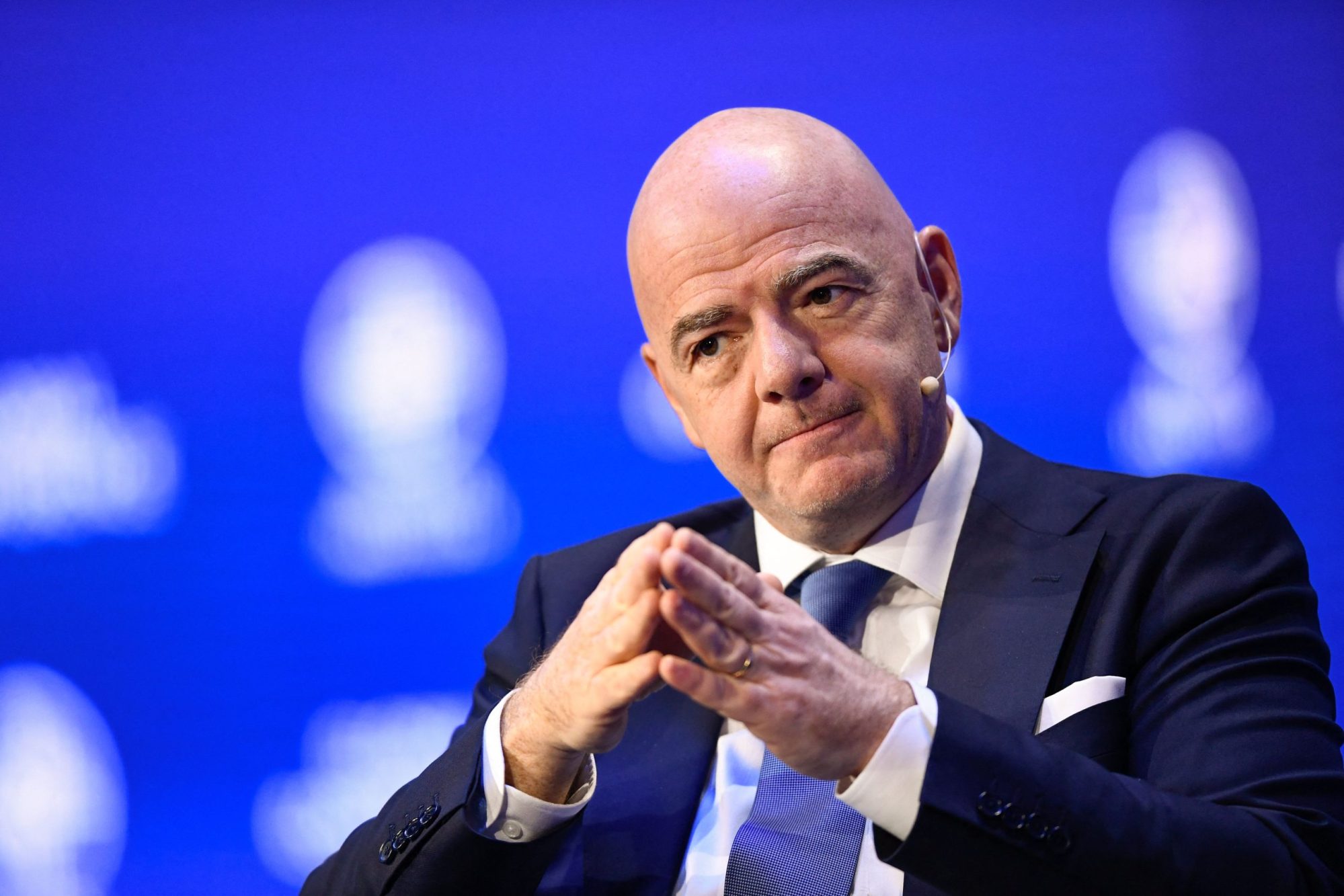 FIFA President Gianni Infantino speaks during the Milken Institute Global Conference in Beverly Hills, California, on May 2, 2022. Photo by PATRICK T. FALLON/AFP via Getty Images