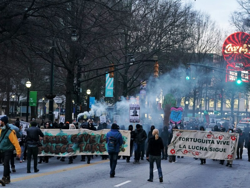 Demonstrators protest the death of environmental activist Tortuguita on Saturday, January 21, 2023 in Atlanta, Ga. Photo by Elijah Nouvelage for The Washington Post via Getty Images.