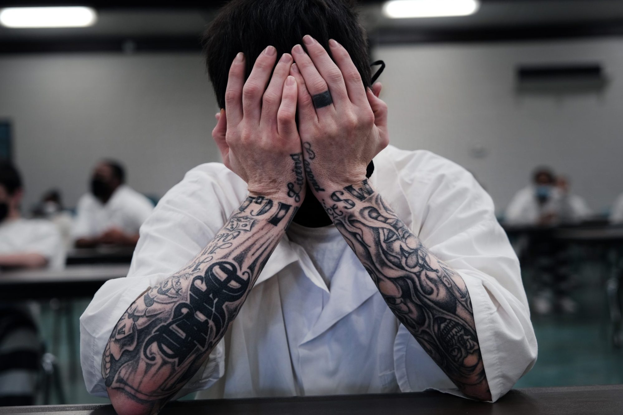 A prisoner waits at the Bolivar County Correctional Facility to receive a Covid-19 vaccination administered by medical workers with Delta Health Center on April 28, 2021 in Cleveland, Mississippi. Photo by Spencer Platt/Getty Images