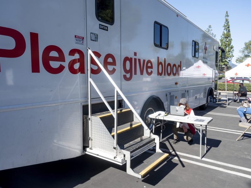 The American Red Cross brought a bloodmobile to Adams Rite Aerospace in Fullerton, California, on Thursday, Jan. 20, 2022.