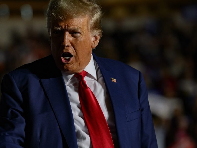 Donald Trump addresses a crowd. He is wearing a blue suit and red tie.