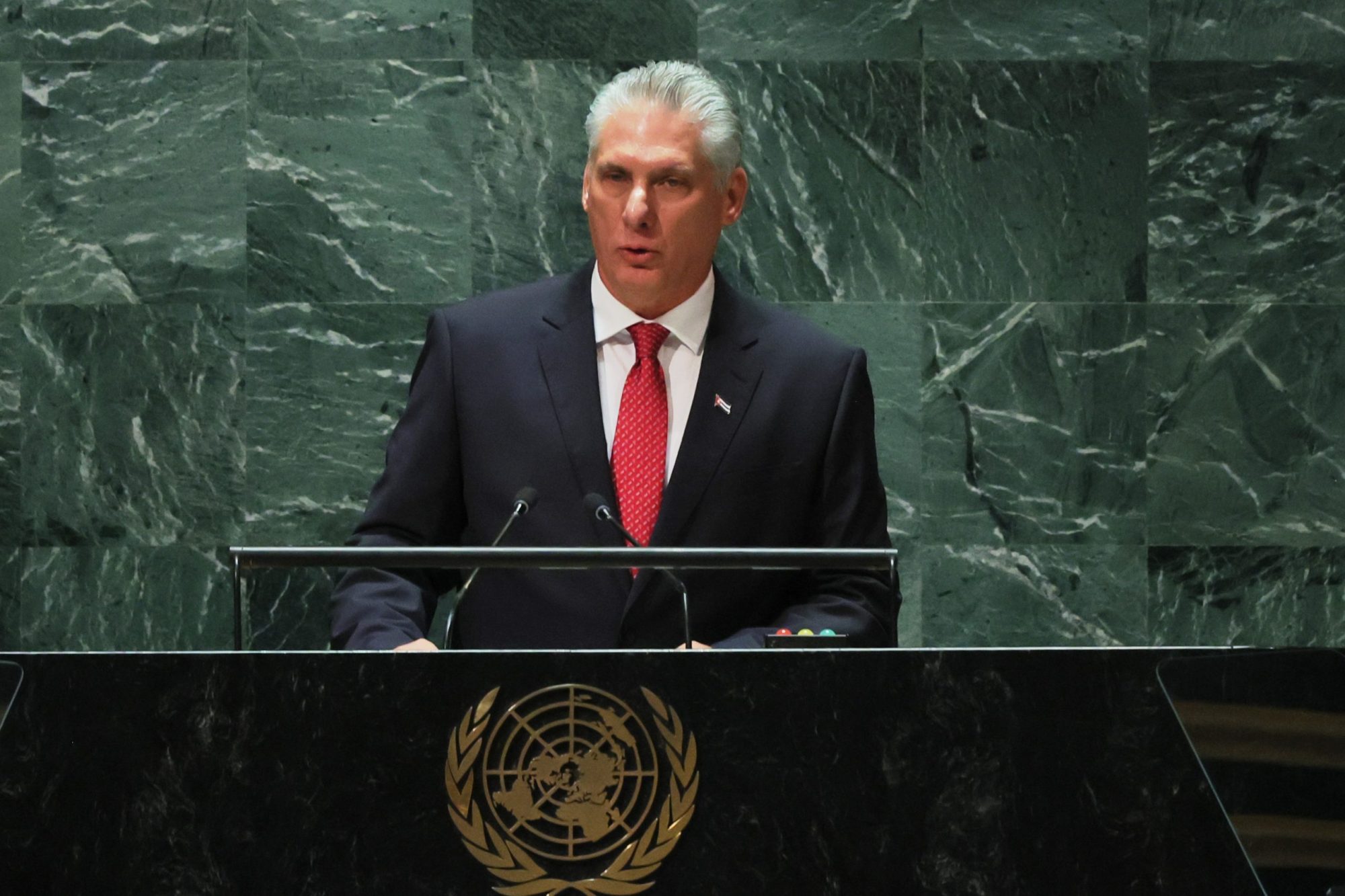 President of Cuba Miguel Díaz-Canel Bermúdez speaks during the United Nations General Assembly (UNGA) at the United Nations headquarters on September 19, 2023 in New York City. Photo by Michael M. Santiago/Getty Images