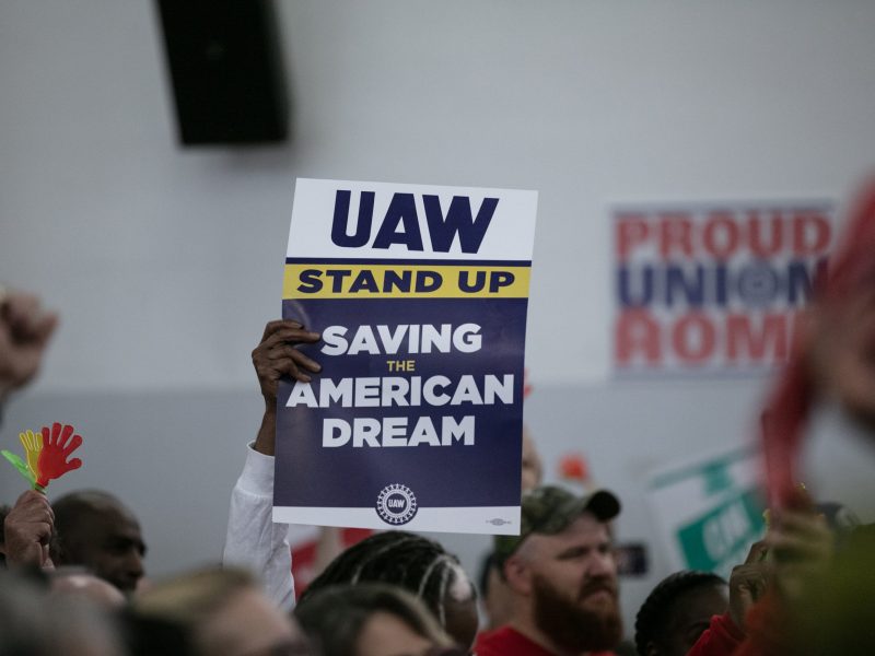 UAW members attend a rally in support of the labor union strike at the UAW Local 551 hall on the South Side on October 7, 2023 in Chicago, Illinois. Photo by Jim Vondruska/Getty Images