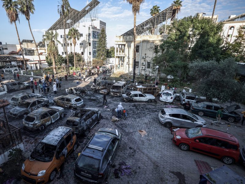 A view of the surroundings of Al-Ahli Baptist Hospital after it was hit in Gaza City, Gaza on October 18, 2023. Photo by Ali Jadallah/Anadolu via Getty Images