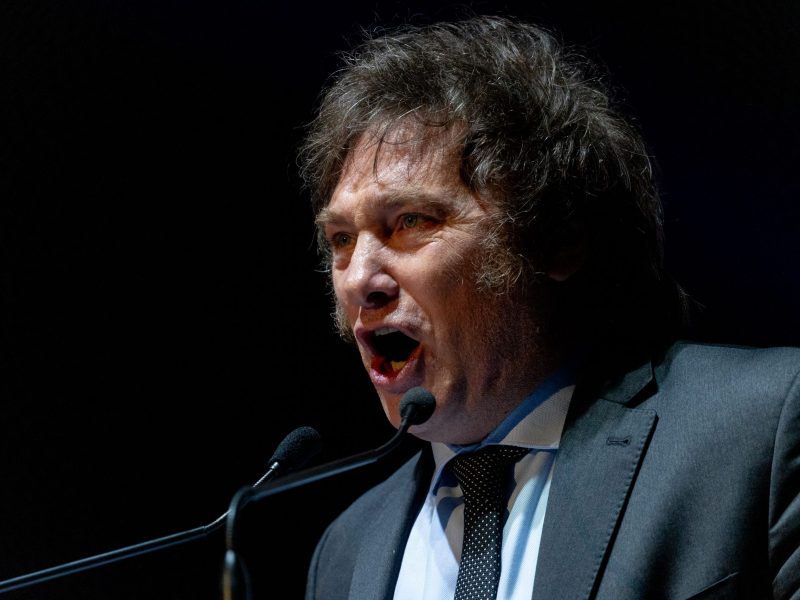 Presidential candidate Javier Milei of La Libertad Avanza speaks to supporters during his closing rally at Movistar Arena on October 18, 2023 in Buenos Aires, Argentina. Photo by Tomas Cuesta/Getty Images