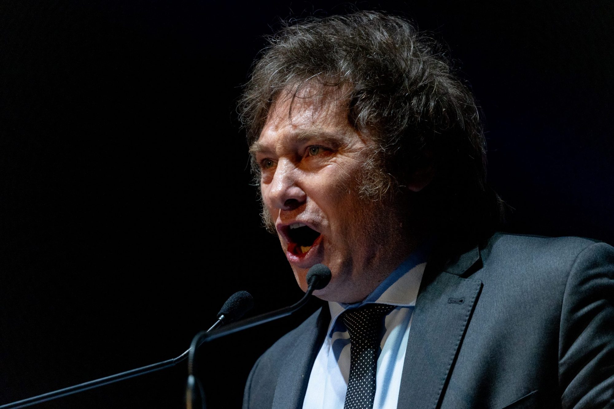 Presidential candidate Javier Milei of La Libertad Avanza speaks to supporters during his closing rally at Movistar Arena on October 18, 2023 in Buenos Aires, Argentina. Photo by Tomas Cuesta/Getty Images