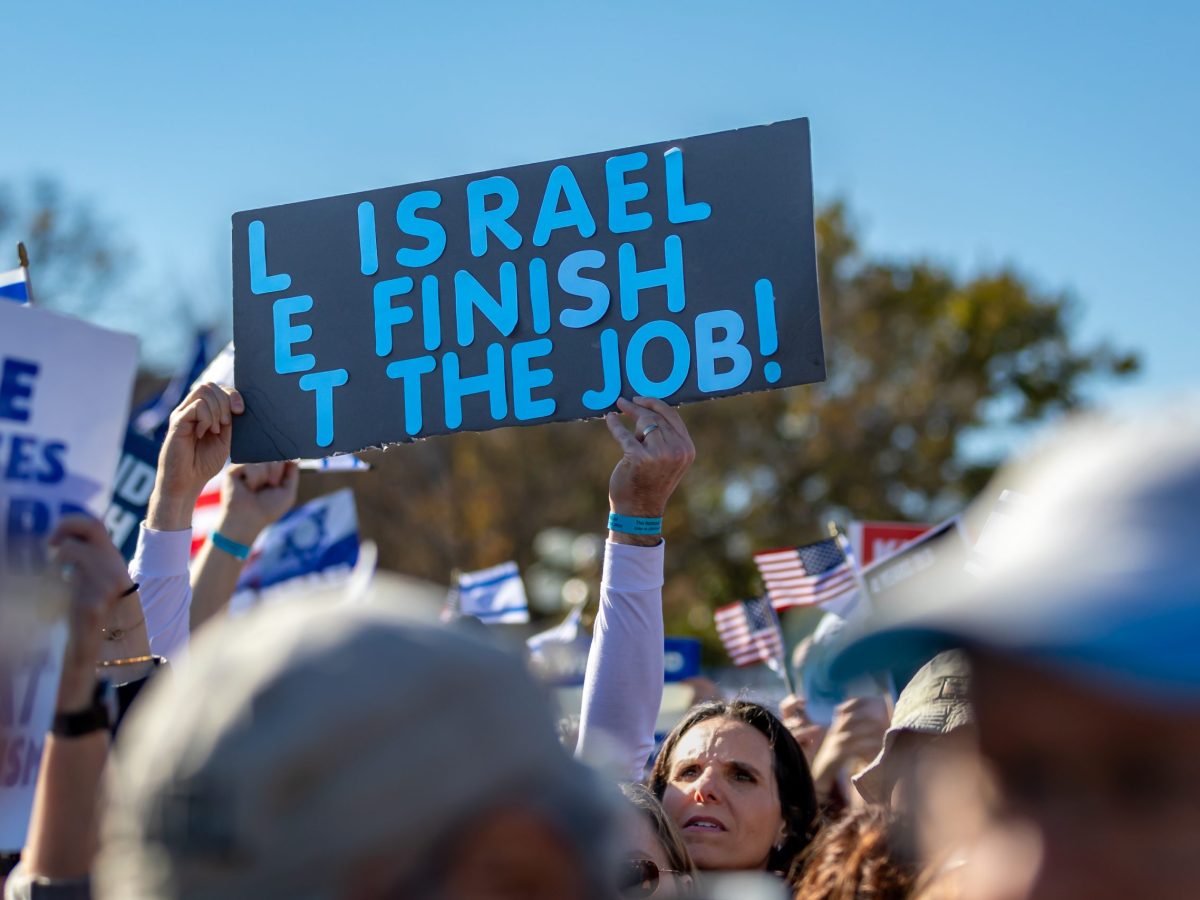 A pro-Israel supporter holds a sign during the "March for Israel" held on the National Mall. Over 60,000 people were expected to attend the rally in solidarity with Israel, calling for the release of the remaining hostages by Hamas. Photo by Michael Nigro/Pacific Press/LightRocket via Getty Images