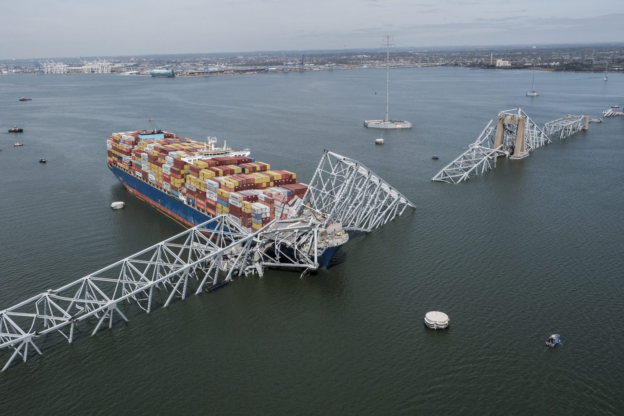 The remains of the Francis Scott Key Bridge on March 26, 2024 in Baltimore. Photo by Michael A. McCoy for The Washington Post via Getty Images