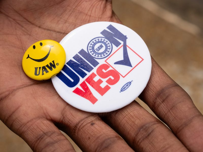 Kelcey Smith displays UAW buttons in Chattanooga, Tennessee on April 10, 2024. Photo by Kevin Wurm for The Washington Post via Getty Images