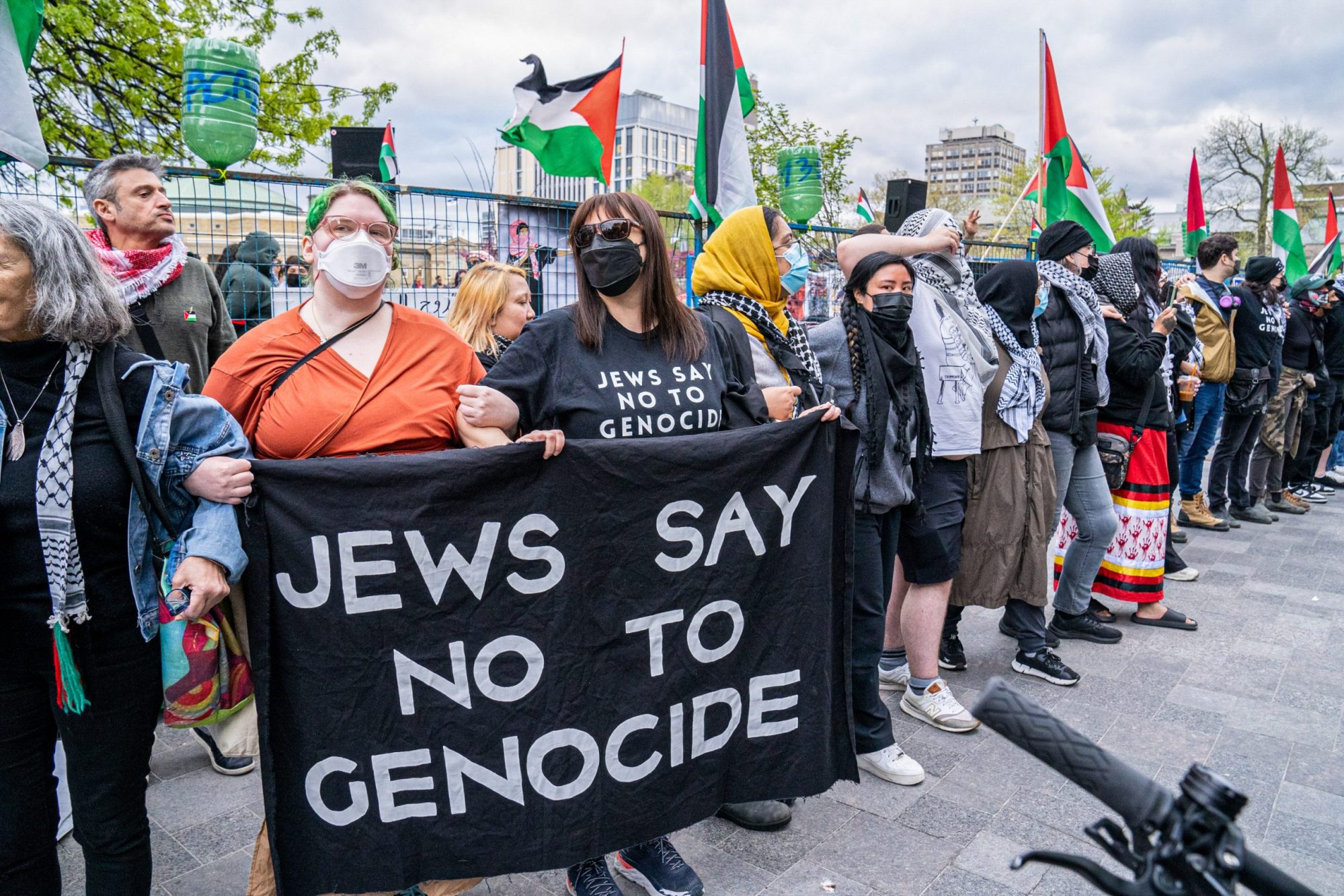 Jewish students supporting Palestinians hold a banner that says "Jews Say No To Genocide" during the demonstration. Photo by Shawn Goldberg/SOPA Images/LightRocket via Getty Images