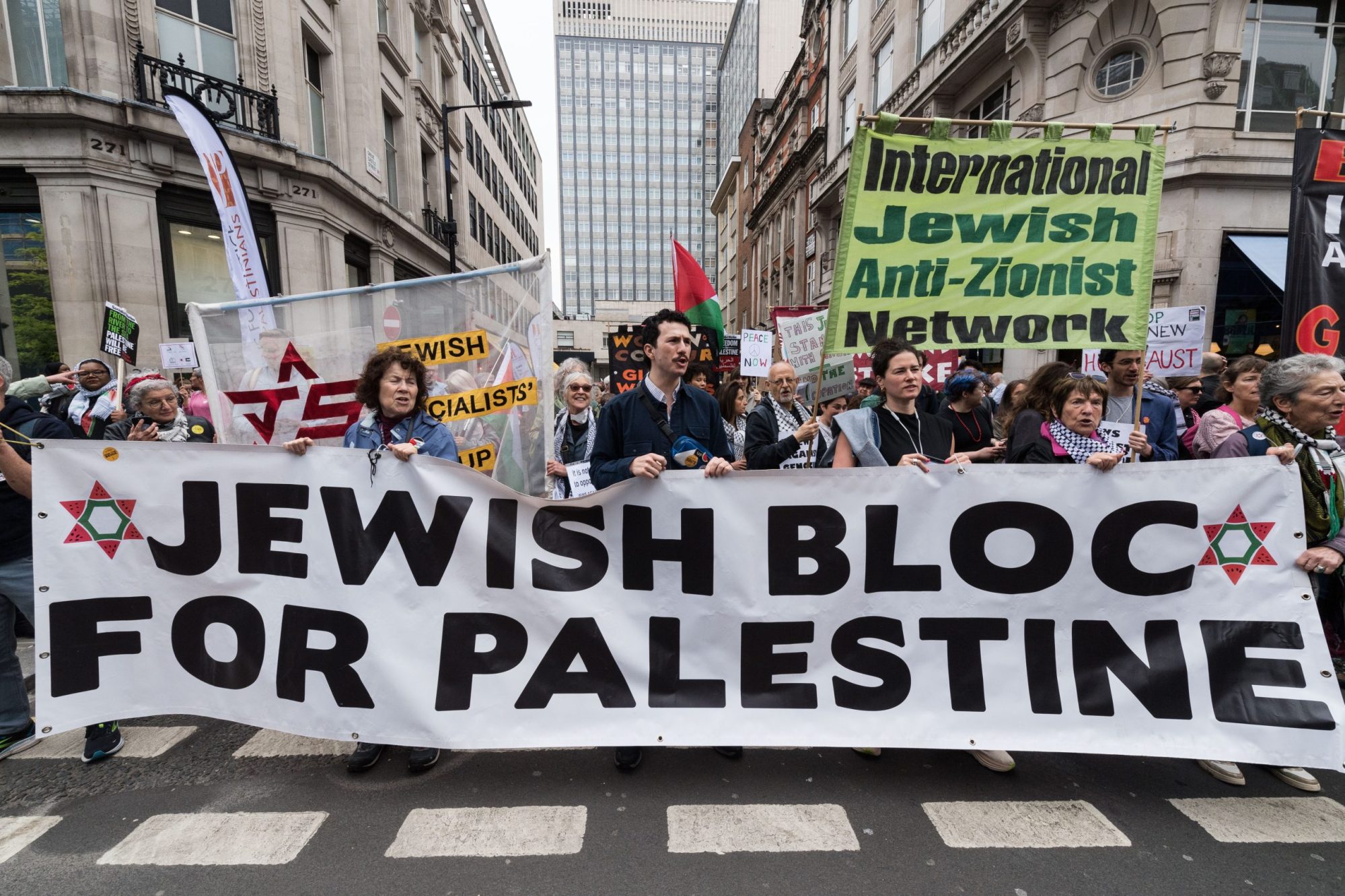 Jewish people gather ahead of a march through central London in solidarity with the Palestinian people and to demand an immediate ceasefire to end the war on Gaza on the 76th anniversary of Nakba in London, United Kingdom on May 18, 2024. Photo by Wiktor Szymanowicz/Anadolu via Getty Images