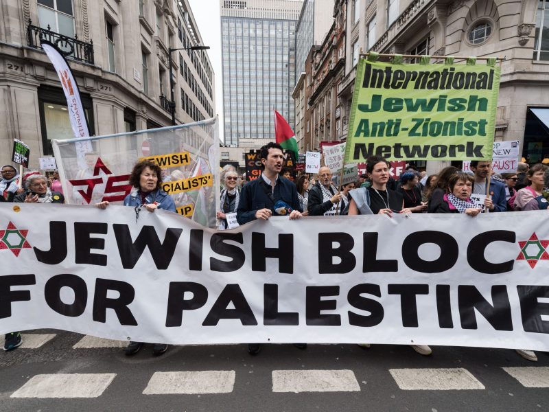 Jewish people gather ahead of a march through central London in solidarity with the Palestinian people and to demand an immediate ceasefire to end the war on Gaza on the 76th anniversary of Nakba in London, United Kingdom on May 18, 2024. Photo by Wiktor Szymanowicz/Anadolu via Getty Images