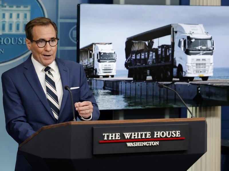 White House National Security Communications Advisor John Kirby speaks to reporters during the daily news conference in the Brady Press Briefing Room at the White House on May 17, 2024 in Washington, DC. Kirby updated reporters about the humanitarian aid ostensibly being delivered to the Gaza Strip using a floating platform and pier built by the United States military. Photo by Chip Somodevilla/Getty Images.