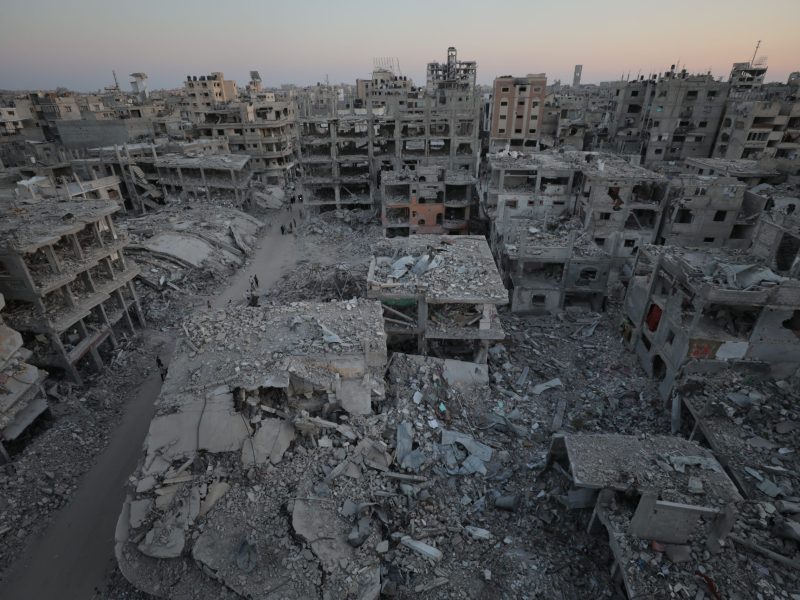 An aerial view of a street full of damaged buildings while some Palestinians return their homes with the withdrawal of Israeli army in the city which has been under ground attacks for a while in Khan Yunis, Gaza on July 31, 2024. Photo by Hassan Jedi/Anadolu via Getty Images