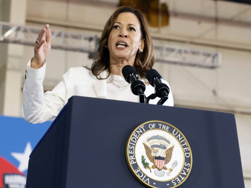 US Vice President and Democratic presidential candidate Kamala Harris speaks during a campaign rally at Detroit Metropolitan Airport in Romulus, Michigan, Aug. 7, 2024.