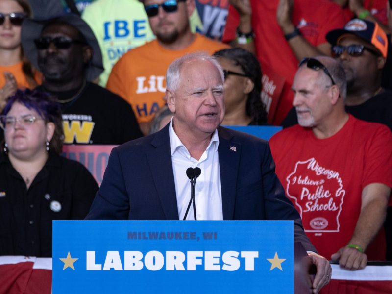 Democratic vice presidential nominee Minnesota Gov. Tim Walz speaks at Laborfest on September 2, 2024 in Milwaukee, Wisconsin. Photo by Jim Vondruska/Getty Images