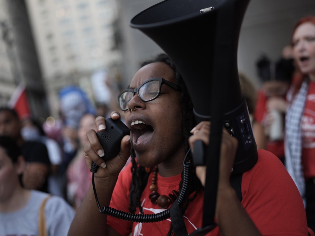 Pro-Palestinian supporters demonstrate around the constitution center where the presidential debate is being held in Philadelphia, United States on September 10, 2024. Photo by Wolfgang Schwan/Anadolu via Getty Images