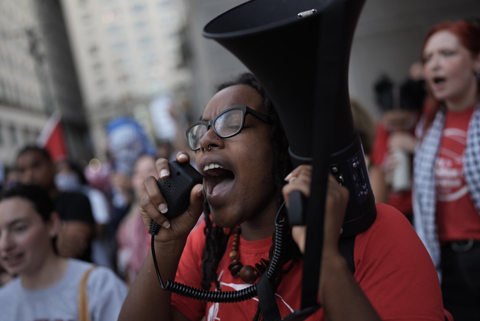 Pro-Palestinian supporters demonstrate around the constitution center where the presidential debate is being held in Philadelphia, United States on September 10, 2024. Photo by Wolfgang Schwan/Anadolu via Getty Images