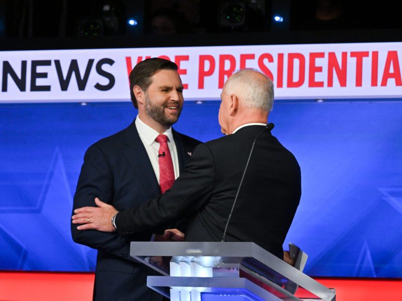 Sen. JD Vance (R-Ohio) and Minnesota Gov. Tim Walz shakes hands after the vice-presidential debate at CBS Studios on October 1, 2024 in New York, N.Y. Photo by Ricky Carioti/The Washington Post via Getty Images