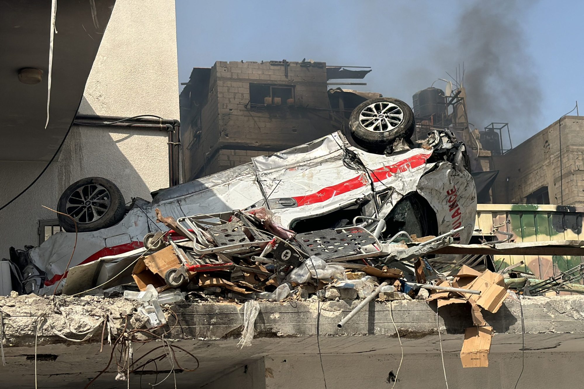 A picture shows the damage to an ambulance at the Kamal Adwan Hospital in Beit Lahia the northern Gaza Strip on October 26, 2024. Photo by -/AFP via Getty Images