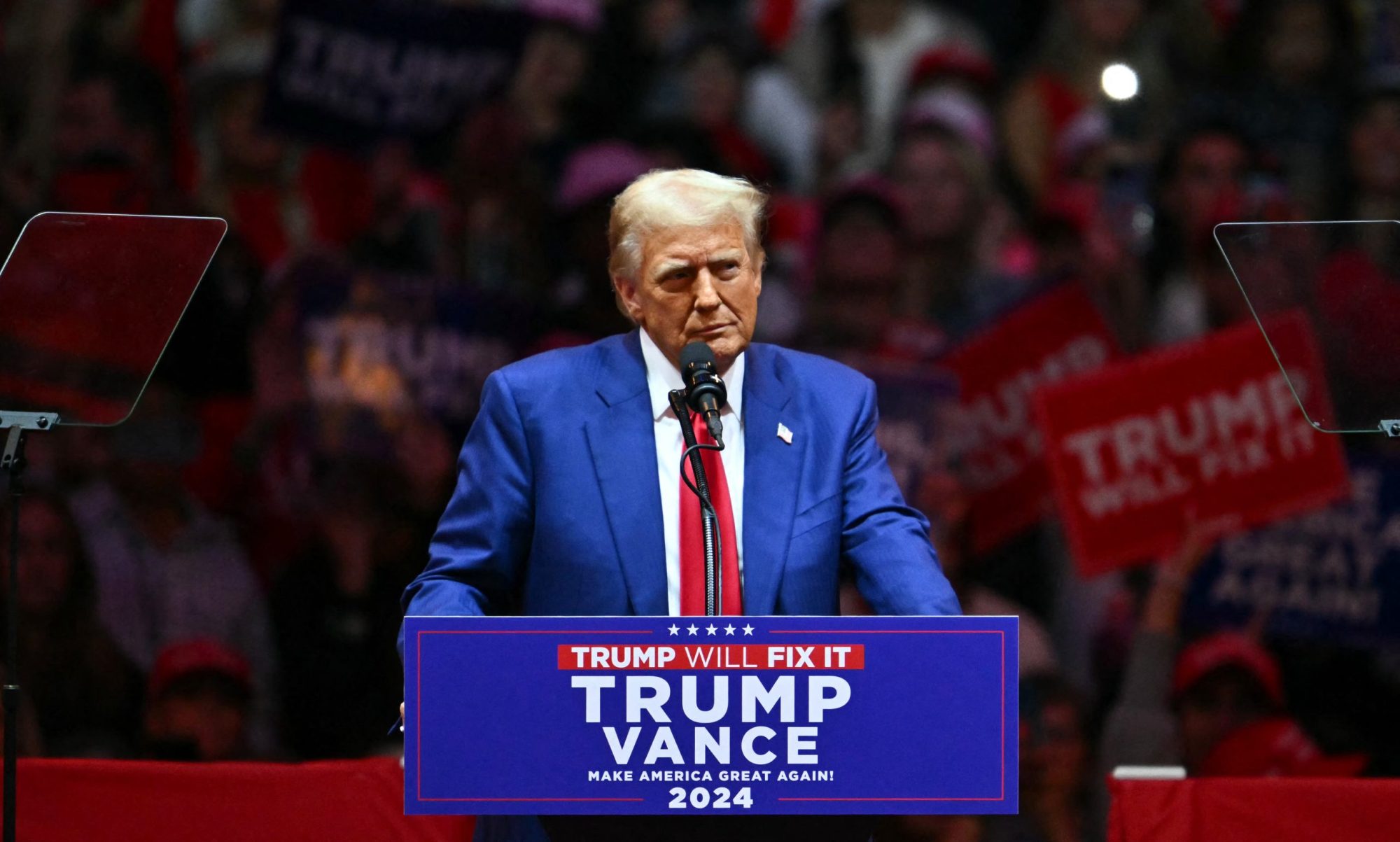 Former US President and Republican presidential candidate Donald Trump speaks during a campaign rally at Madison Square Garden in New York, Oct. 27, 2024.