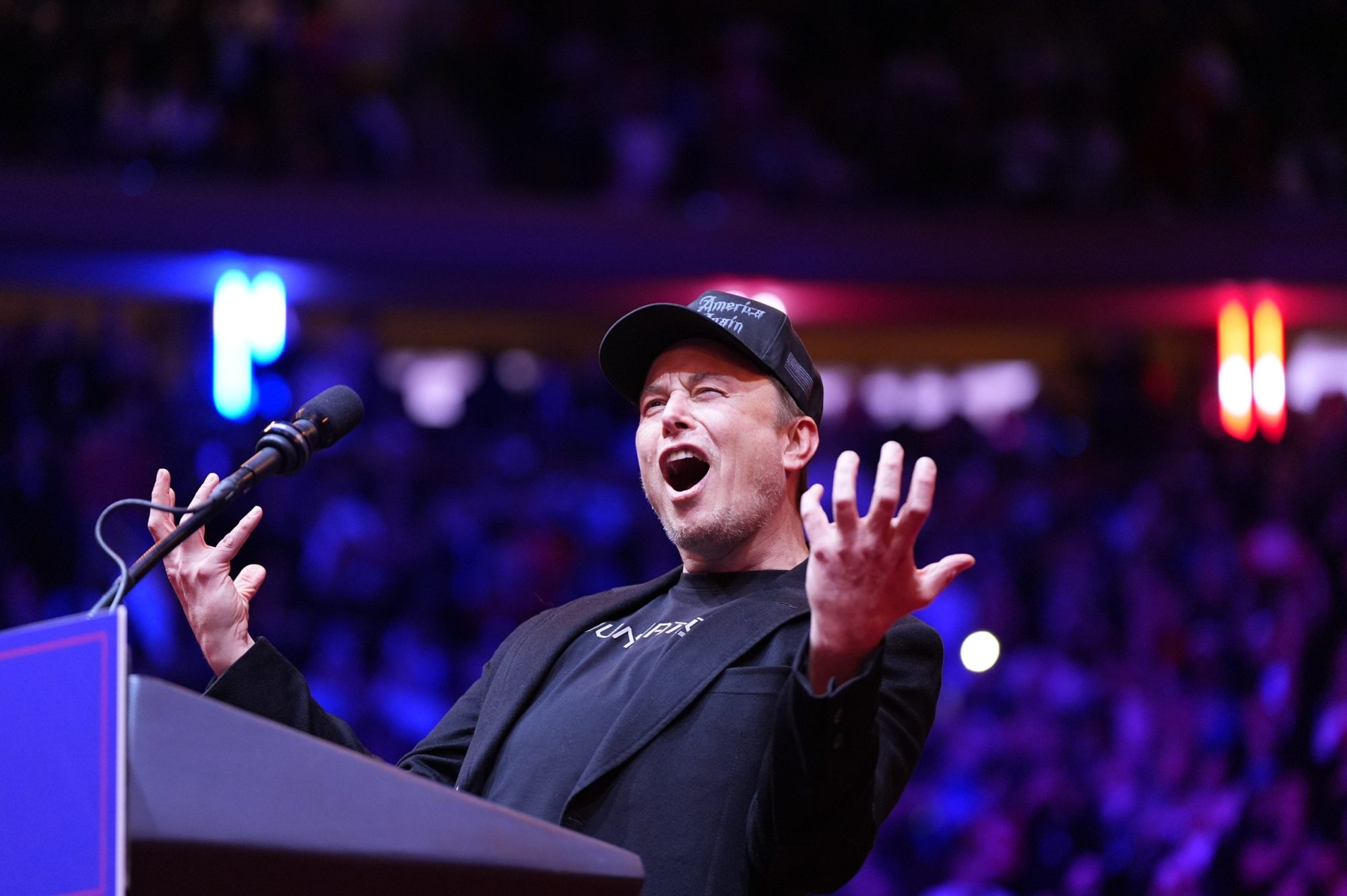 Elon Musk on stage before Republican presidential nominee former President Donald Trump speaks at a rally at Madison Square Garden in New York, NY on Sunday, October 27, 2024. Photo by Jabin Botsford/The Washington Post via Getty Images