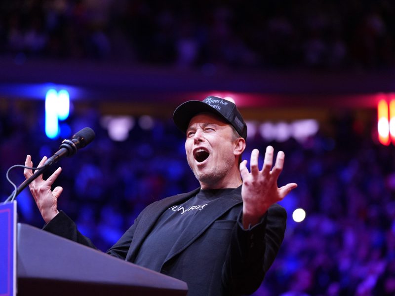 Elon Musk on stage before Republican presidential nominee former President Donald Trump speaks at a rally at Madison Square Garden in New York, NY on Sunday, October 27, 2024. Photo by Jabin Botsford/The Washington Post via Getty Images