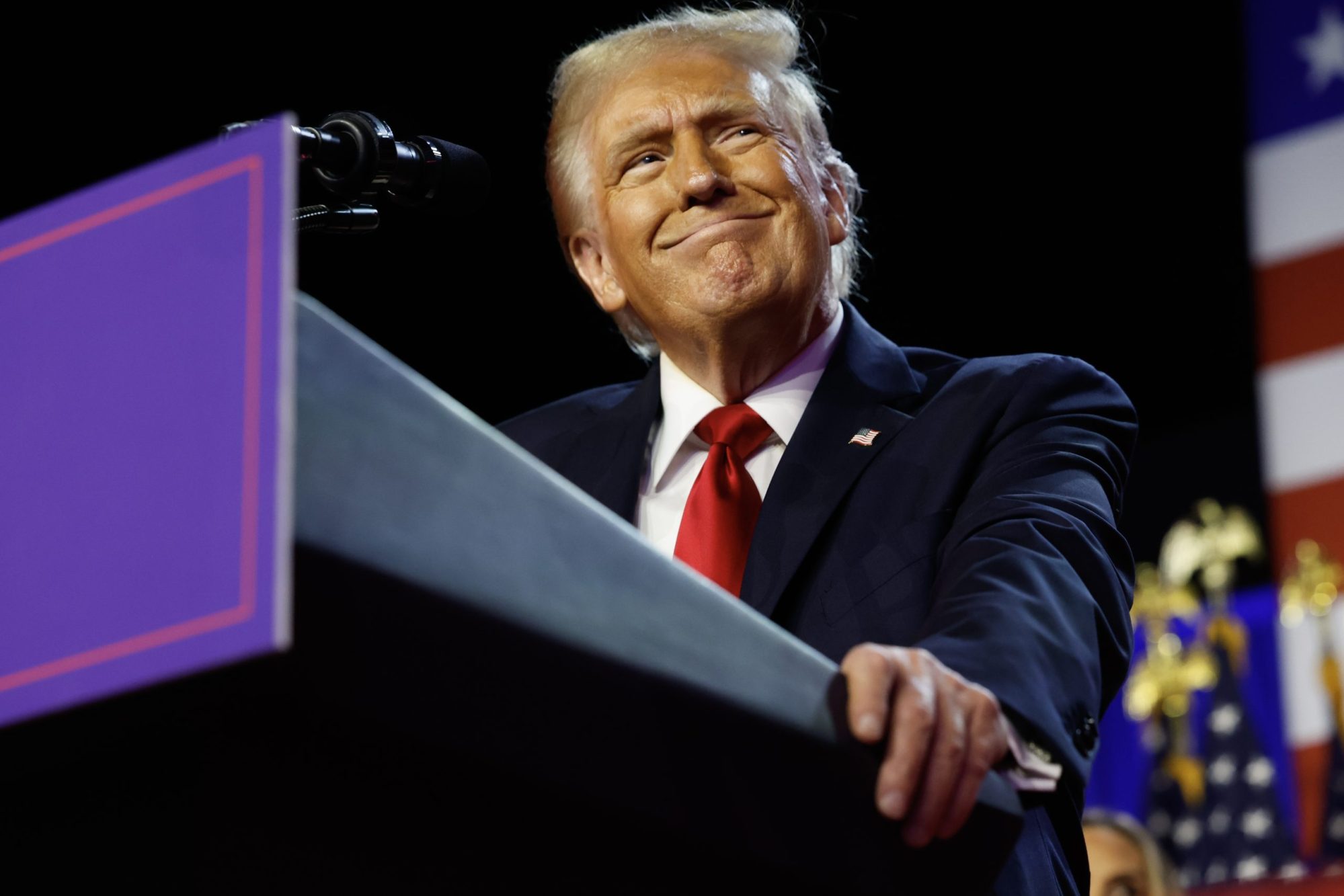 Republican presidential nominee, former U.S. President Donald Trump arrives to speak during an election night event at the Palm Beach Convention Center on November 06, 2024 in West Palm Beach, Florida. Photo by Chip Somodevilla/Getty Images