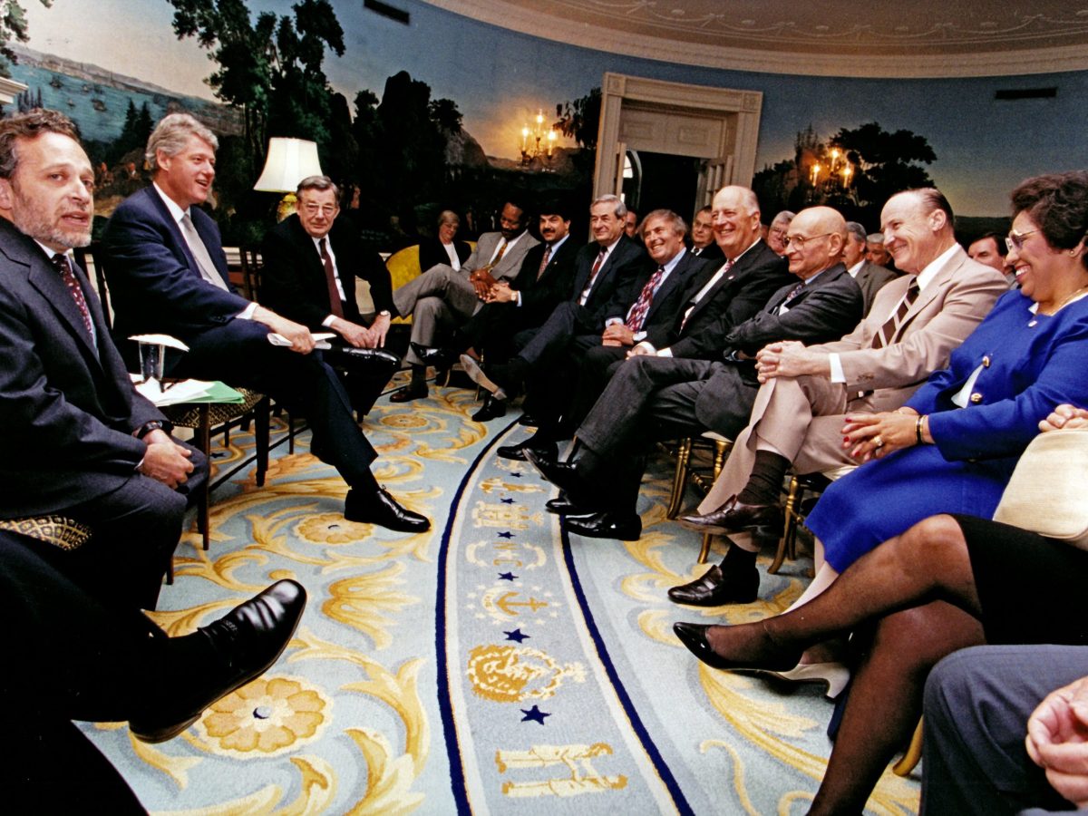 American politician US President Bill Clinton meets with the AFL-CIO Executive Council in the Diplomatic Reception Room at the White House, Washington DC, May 10, 1994. Photo by White House/Consolidated News Pictures/Getty Images