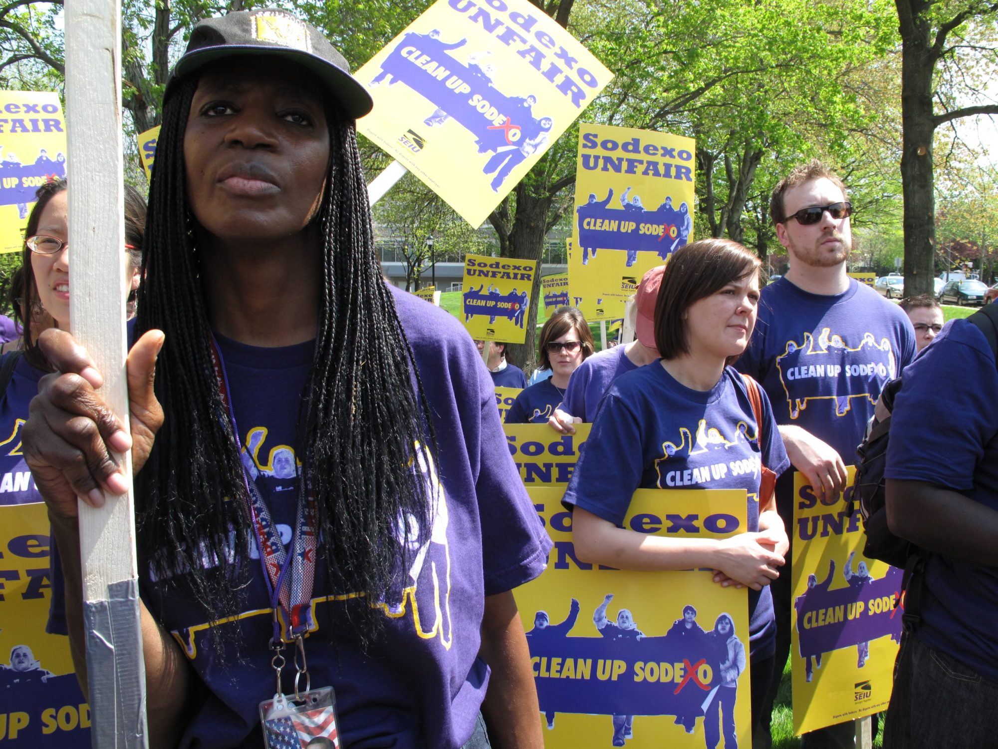 Protesters gather on April 16, 2010, in Gaithersburg, Maryland, during a demonstration at the headquarters of food service giant Sodexo. Karin Zeitvogel/AFP via Getty Images