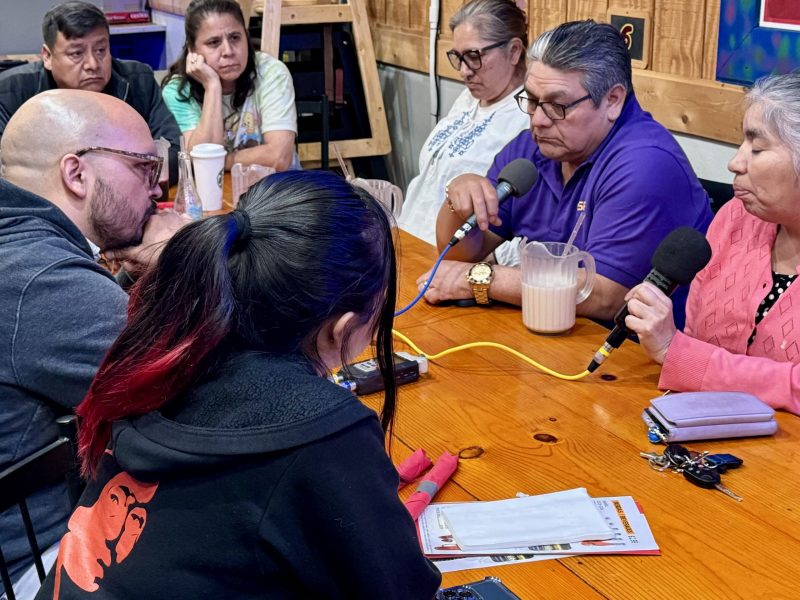 TRNN Editor-in-Chief Maximillian Alvarez (far left) records an in-person podcast with members of the Baltimore Latino/Latine community, including: Victor (top left) and Claudia (top center), co-owners of El Taquito Mexicano restaurant; Lucia Islas (top right) of Comité Latino de Baltimore; Carlos Crespo (right center) of Centro de Apoyo Para la Superación del Inmigrante; Susana Barrios (far right) of Latino Racial Justice Circle; and Norma Martinez (bottom left), a high-school student in Baltimore from Honduras. Photo taken on March 29, 2024 by Ricardo Ortíz of Centro de Apoyo Para la Superación del Inmigrante.