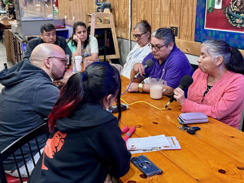 TRNN Editor-in-Chief Maximillian Alvarez (far left) records an in-person podcast with members of the Baltimore Latino/Latine community, including: Victor (top left) and Claudia (top center), co-owners of El Taquito Mexicano restaurant; Lucia Islas (top right) of Comité Latino de Baltimore; Carlos Crespo (right center) of Centro de Apoyo Para la Superación del Inmigrante; Susana Barrios (far right) of Latino Racial Justice Circle; and Norma Martinez (bottom left), a high-school student in Baltimore from Honduras. Photo taken on March 29, 2024 by Ricardo Ortíz of Centro de Apoyo Para la Superación del Inmigrante.