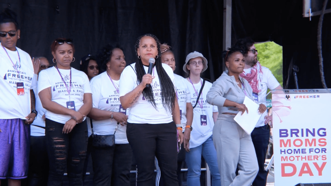 Andrea James, founder and executive director of the National Council for Incarcerated and Formerly Incarcerated Women and Girls, addresses the crowd at the FreeHer march in Washington, D.C. on April 18, 2024. Still taken from video by TRNN