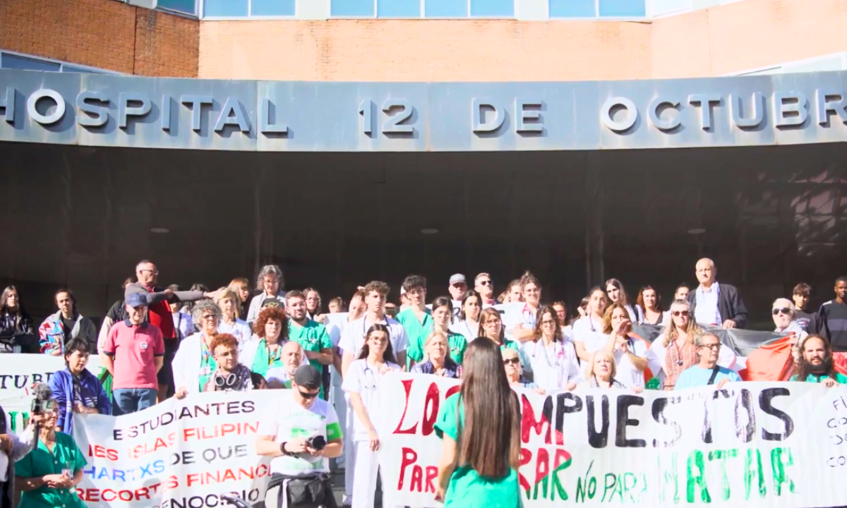 Healthcare workers affiliated with Spain's CGT strike in front of a hospital in Madrid, Spain on Friday, October 4, 2024. Screenshot from video by María Artigas